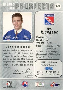 2004-05 In The Game Heroes and Prospects - Autographs #A-MR Mike Richards Back