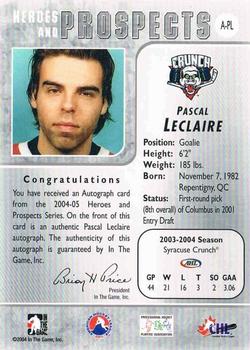 2004-05 In The Game Heroes and Prospects - Autographs #A-PL Pascal Leclaire Back