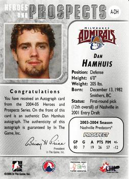 2004-05 In The Game Heroes and Prospects - Autographs #A-U-DH Dan Hamhuis Back