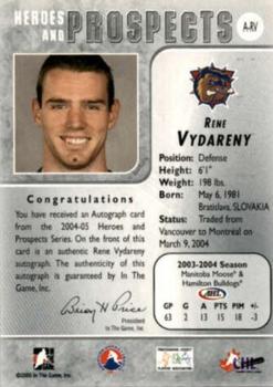 2004-05 In The Game Heroes and Prospects - Autographs #A-U-RV Rene Vydareny Back