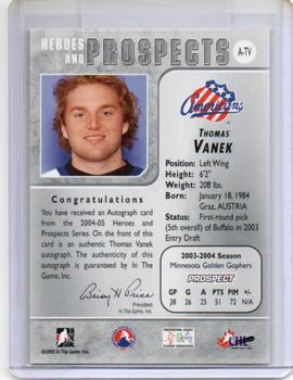 2004-05 In The Game Heroes and Prospects - Autographs #A-U-TV Thomas Vanek Back