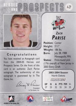 2004-05 In The Game Heroes and Prospects - Autographs #A-U-ZP Zach Parise Back