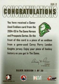2004-05 In The Game Heroes and Prospects - Emblems Silver #GUE-3 Corey Perry Back