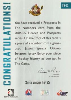2004-05 In The Game Heroes and Prospects - Prospects in the Numbers Silver #ITN-33 Jason Spezza Back