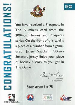 2004-05 In The Game Heroes and Prospects - Prospects in the Numbers Silver #ITN-38 Julien Vauclair Back