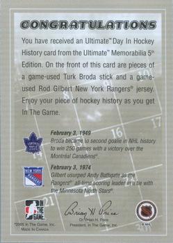2004-05 In The Game Ultimate Memorabilia - Day In Hockey History #46 Turk Broda / Rod Gilbert Back