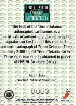 1995-96 Parkhurst International - Signatures #NNO Teemu Selanne Back