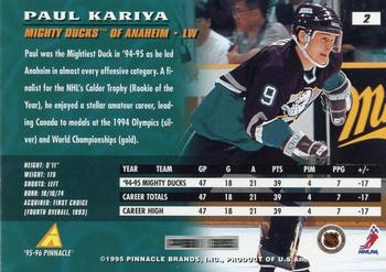 1995-96 Pinnacle #2 Paul Kariya Back