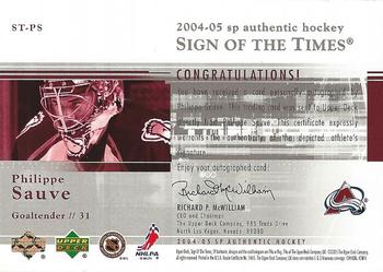 2004-05 SP Authentic - Sign of the Times #ST-PS Philippe Sauve Back