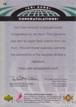 2004-05 Upper Deck All-World Edition - Autographs #16 Jari Kurri Back