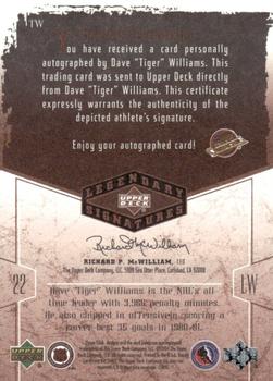 2004-05 UD Legendary Signatures - Autographs #TW Tiger Williams Back