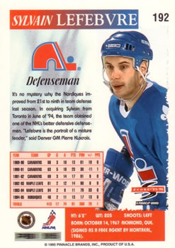 1995-96 Score #192 Sylvain Lefebvre Back