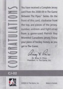 2008-09 In The Game Between The Pipes - Complete Jersey #CJ-02 Patrick Roy  Back
