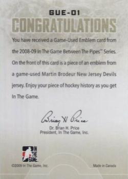 2008-09 In The Game Between The Pipes - Game-Used Emblems #GUE-01 Martin Brodeur  Back