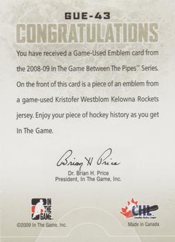 2008-09 In The Game Between The Pipes - Game-Used Emblems #GUE-43 Kristofer Westblom  Back