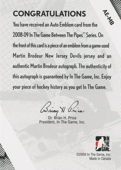 2008-09 In The Game Between The Pipes - Auto Emblems #AE-MB Martin Brodeur  Back