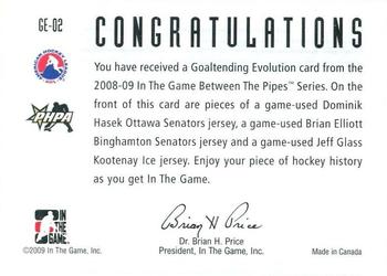 2008-09 In The Game Between The Pipes - Goaltending Evolution #GE-02 Dominik Hasek / Brian Elliott / Jeff Glass  Back