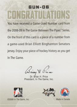 2008-09 In The Game Between The Pipes - Game-Used Numbers #GUN-06 Brian Elliott  Back