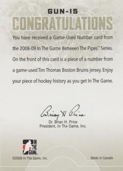 2008-09 In The Game Between The Pipes - Game-Used Numbers #GUN-15 Tim Thomas  Back