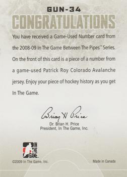 2008-09 In The Game Between The Pipes - Game-Used Numbers #GUN-34 Patrick Roy  Back