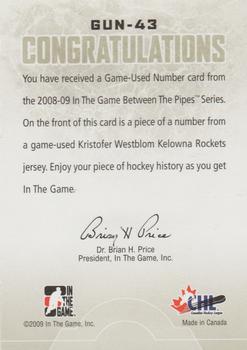 2008-09 In The Game Between The Pipes - Game-Used Numbers #GUN-43 Kristofer Westblom  Back