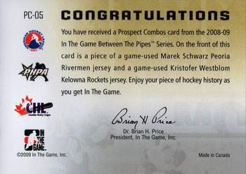 2008-09 In The Game Between The Pipes - Prospect Combos #PC-05 Marek Schwarz / Kristofer Westblom  Back