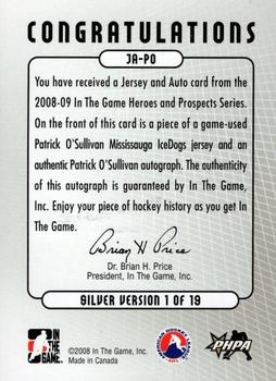 2008-09 In The Game Heroes and Prospects - Jerseys Autographs #JA-PO Patrick O'Sullivan  Back