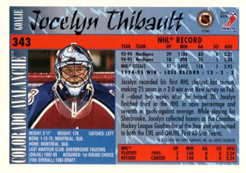 1995-96 Topps #343 Jocelyn Thibault Back