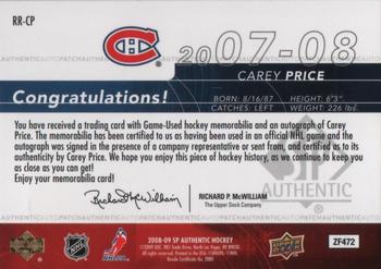 2008-09 SP Authentic - Rookie Review Auto Patches #RR-CP Carey Price  Back