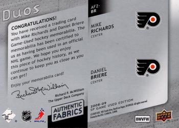 2008-09 SP Game Used - Authentic Fabrics Duos #AF2-BR Mike Richards / Daniel Briere  Back