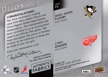 2008-09 SP Game Used - Authentic Fabrics Duos #AF2-FO Marc-Andre Fleury / Chris Osgood  Back