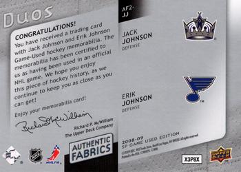 2008-09 SP Game Used - Authentic Fabrics Duos #AF2-JJ Jack Johnson / Erik Johnson  Back