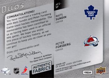 2008-09 SP Game Used - Authentic Fabrics Duos #AF2-SF Mats Sundin / Peter Forsberg  Back