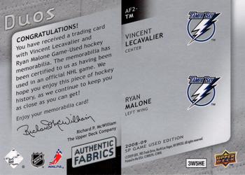 2008-09 SP Game Used - Authentic Fabrics Duos #AF2-TM Vincent Lecavalier / Ryan Malone  Back