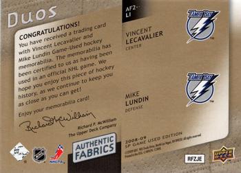 2008-09 SP Game Used - Authentic Fabrics Duos Patches #AF2-LI Vincent Lecavalier / Mike Lundin  Back