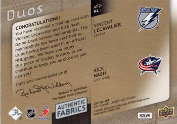 2008-09 SP Game Used - Authentic Fabrics Duos Patches #AF2-NL Vincent Lecavalier / Rick Nash  Back