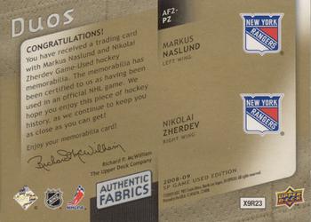 2008-09 SP Game Used - Authentic Fabrics Duos Patches #AF2-PZ Markus Naslund / Nikolai Zherdev  Back