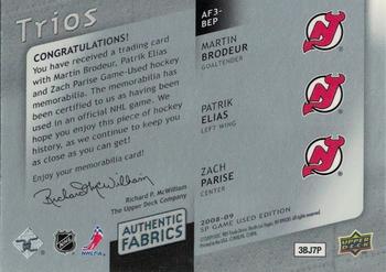 2008-09 SP Game Used - Authentic Fabrics Trios #AF3-BEP Martin Brodeur / Patrik Elias / Zach Parise  Back