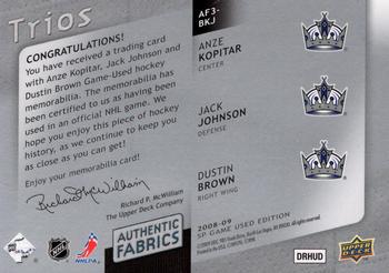 2008-09 SP Game Used - Authentic Fabrics Trios #AF3-BKJ Anze Kopitar / Jack Johnson / Dustin Brown  Back