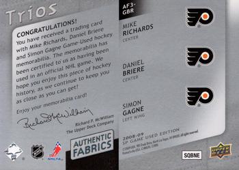 2008-09 SP Game Used - Authentic Fabrics Trios #AF3-GBR Mike Richards / Daniel Briere / Simon Gagne  Back
