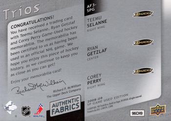 2008-09 SP Game Used - Authentic Fabrics Trios #AF3-SPG Teemu Selanne / Ryan Getzlaf / Corey Perry  Back