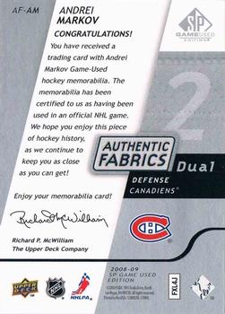 2008-09 SP Game Used - Authentic Fabrics Dual #AF-AM Andrei Markov  Back