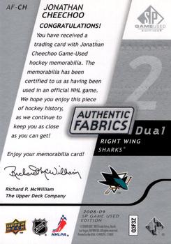 2008-09 SP Game Used - Authentic Fabrics Dual #AF-CH Jonathan Cheechoo  Back