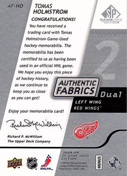 2008-09 SP Game Used - Authentic Fabrics Dual #AF-HO Tomas Holmstrom  Back