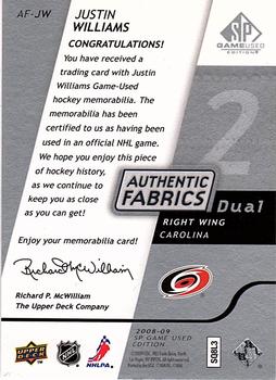 2008-09 SP Game Used - Authentic Fabrics Dual #AF-JW Justin Williams  Back