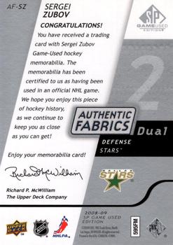 2008-09 SP Game Used - Authentic Fabrics Dual #AF-SZ Sergei Zubov  Back