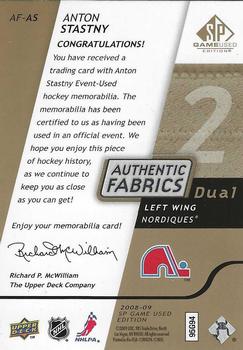 2008-09 SP Game Used - Authentic Fabrics Dual Gold #AF-AS Anton Stastny  Back