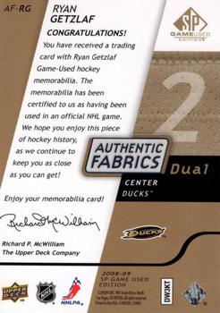 2008-09 SP Game Used - Authentic Fabrics Dual Gold #AF-RG Ryan Getzlaf  Back