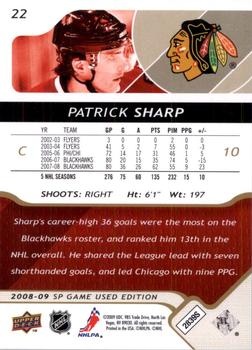 2008-09 SP Game Used - Gold #22 Patrick Sharp  Back
