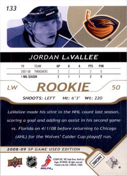 2008-09 SP Game Used - Gold #133 Jordan LaVallee  Back
